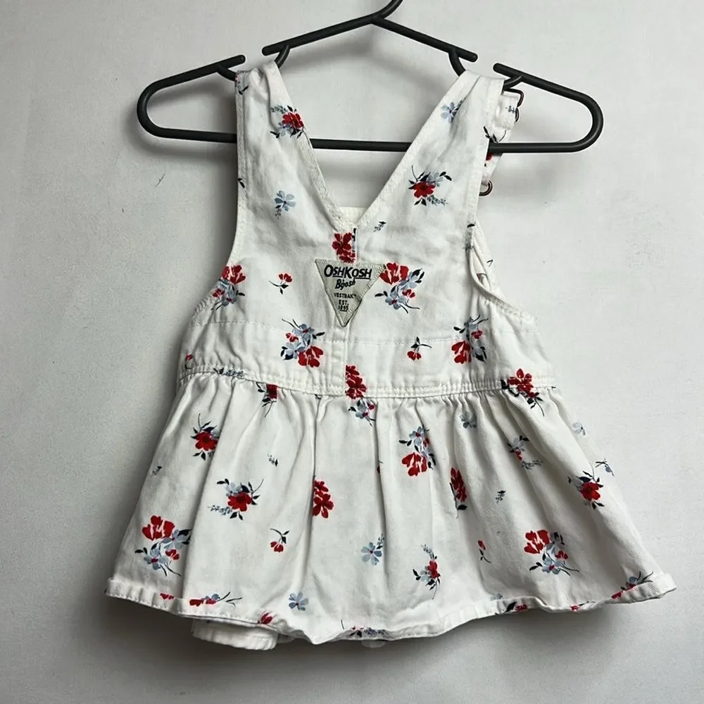 OshKosh B’Gosh white cotton red and blue floral overall dress EUC size 3 months